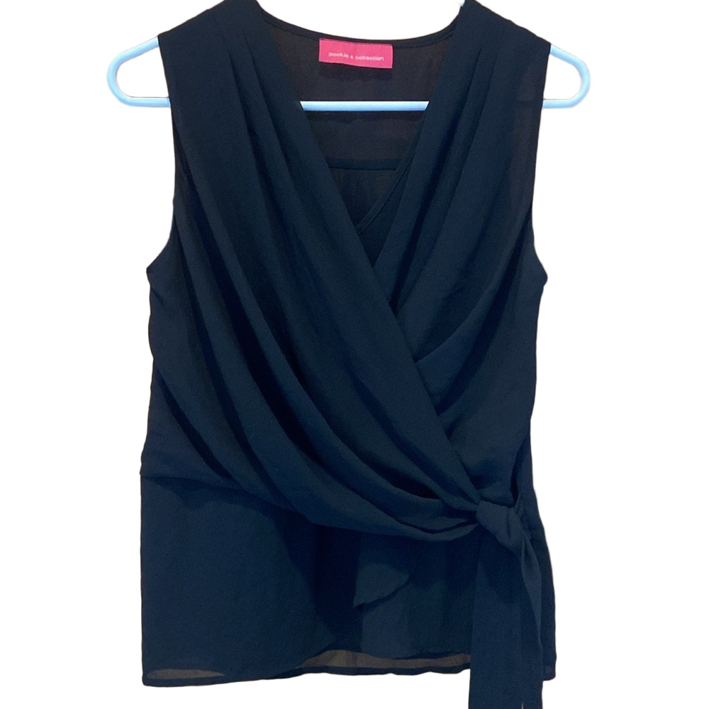 Pookie & Sebastian Black Sleeveless Wrap Top with Tie Detail Size Small